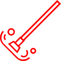 Red outline of a mop with cleaning motion lines and droplets.