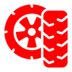 Red gear and tire icon on a transparent background.