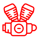 Red outline of a V-twin engine with two pistons and a central crankcase.