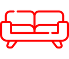 Red line drawing of a sofa with two cushions and legs.