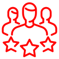 Red outline of three people with three stars below.