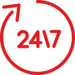 Red 24/7 text with arrow in a circle, indicating round-the-clock availability.