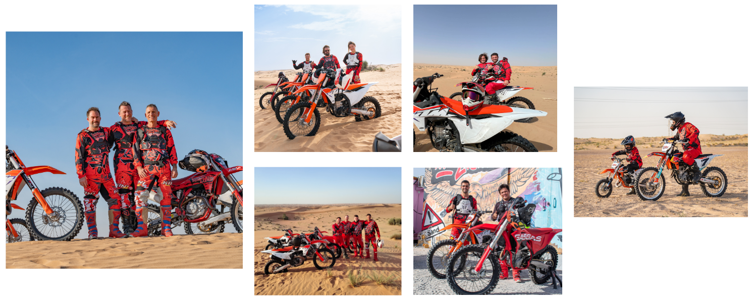Collage of people in red motocross gear with dirt bikes in desert and urban settings.