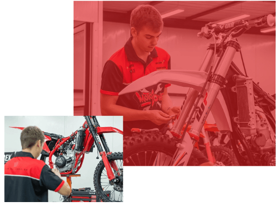 Two workers assembling motorcycles, one in red overlay, another in normal colors.